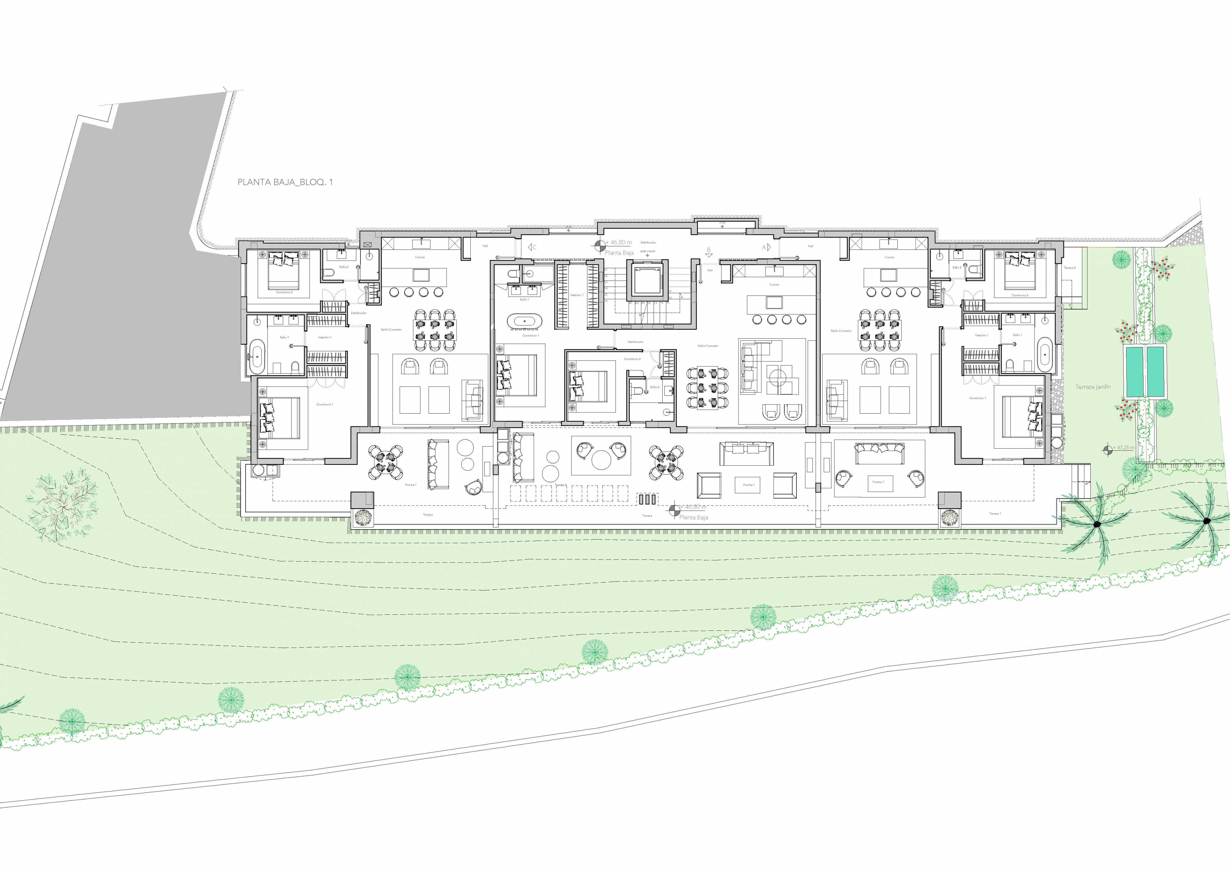 Render of communal pool and surrounding deck, new-build development, Aloha, Marbella
