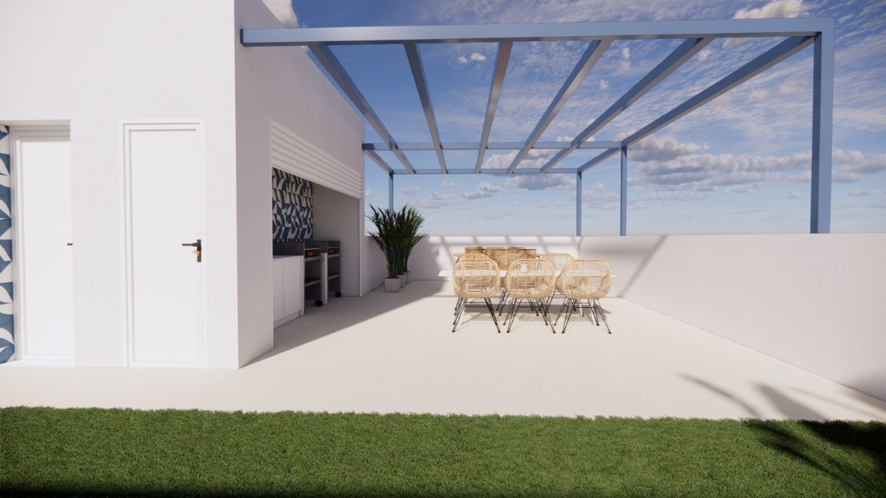 CGI render of communal pool, new-build development, El Mojón