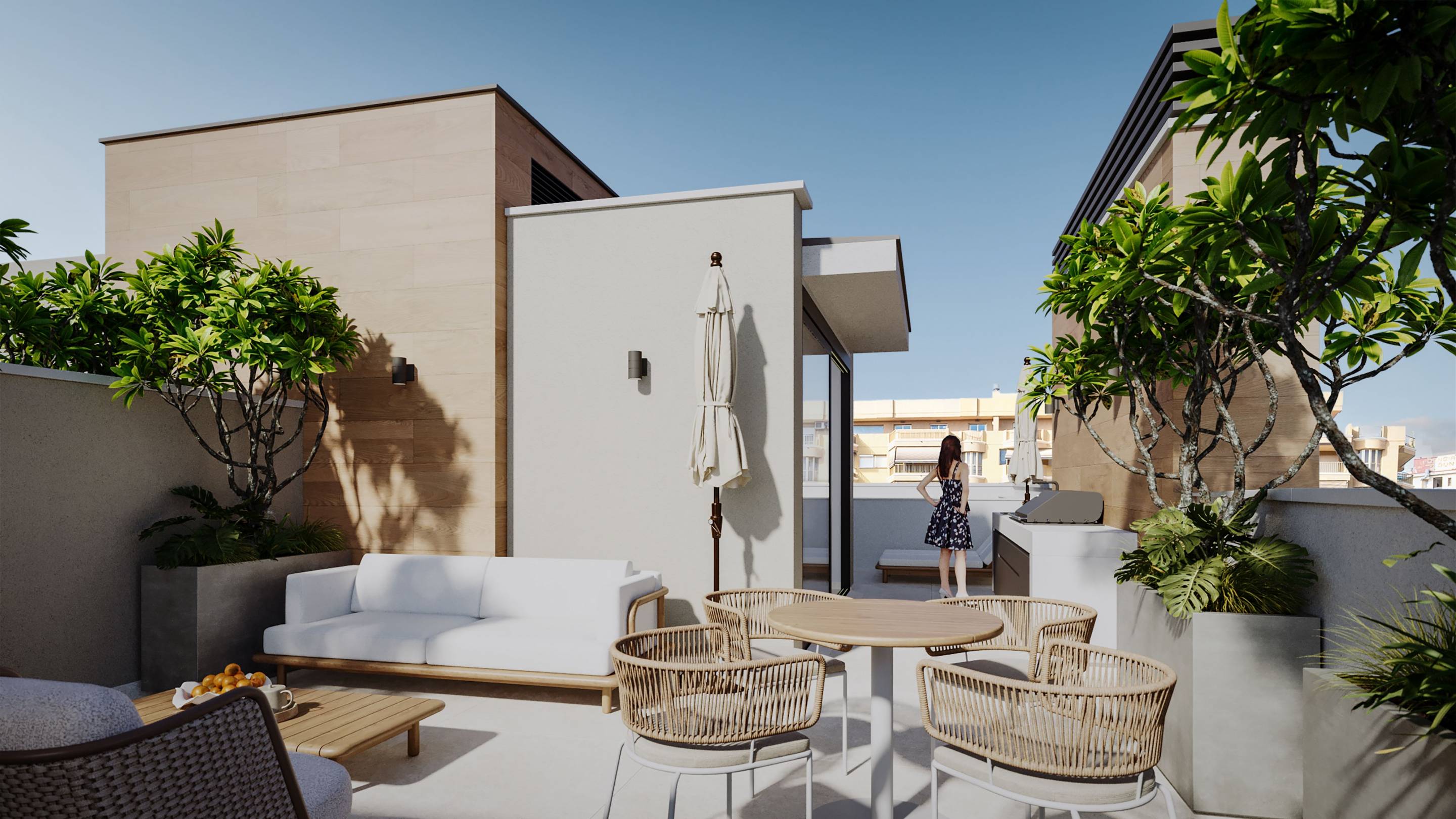 Pool area at dusk in townhouse, Castillo de Sohail, Fuengirola