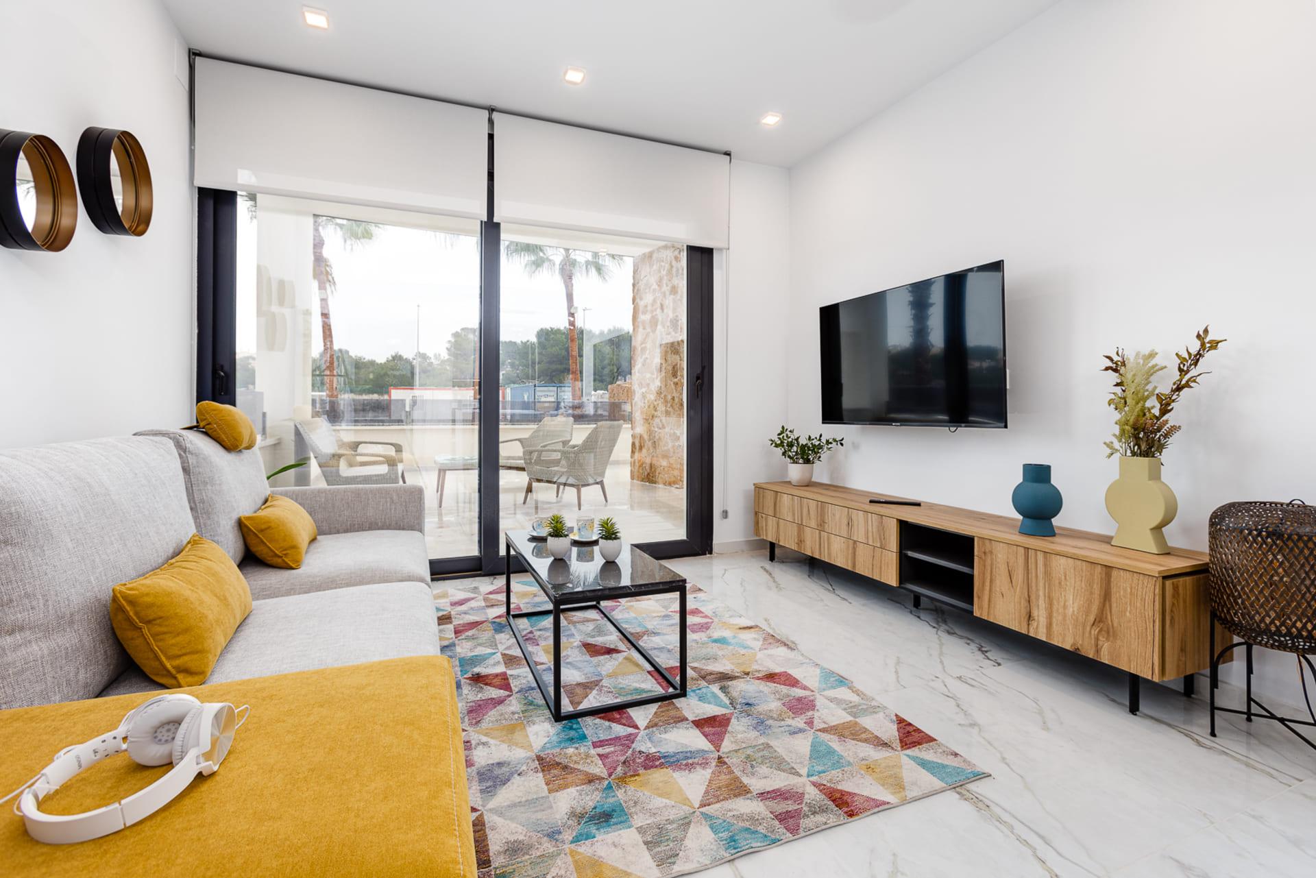 Porcelain stoneware flooring detail in new-build bungalow, Lo Marabú