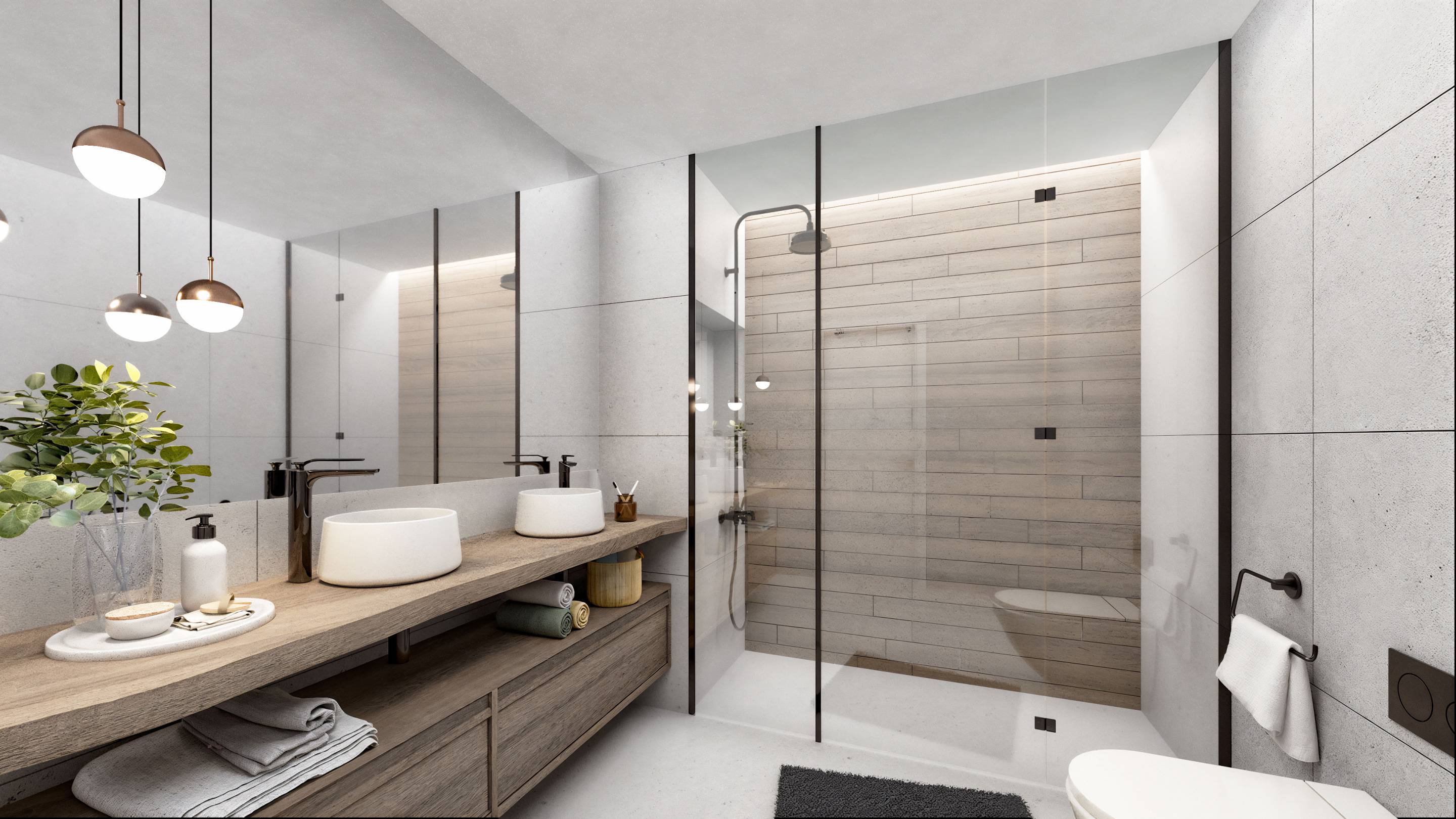 Bathroom with shower enclosure and tiled walls in new-build apartment, Selwo, Estepona