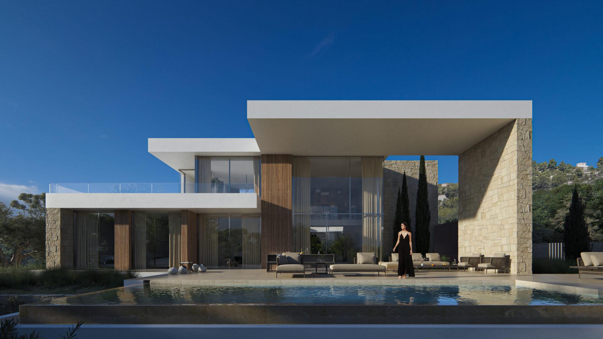 Outdoor terrace adjoining private garden in new-build villa, Pinar de Advocat-Cometa, Moraira