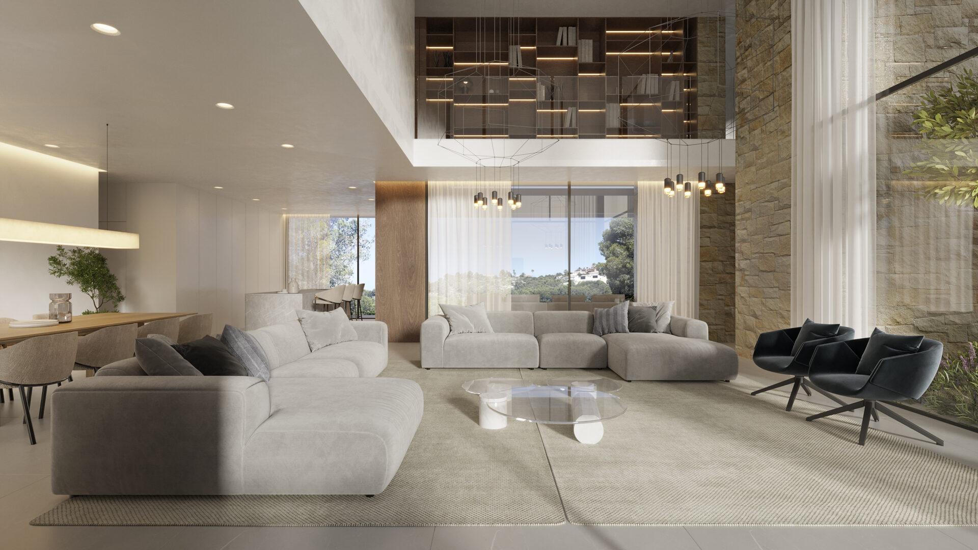 Living room with large windows in 4-bedroom new-build villa, Pinar de Advocat-Cometa, Moraira