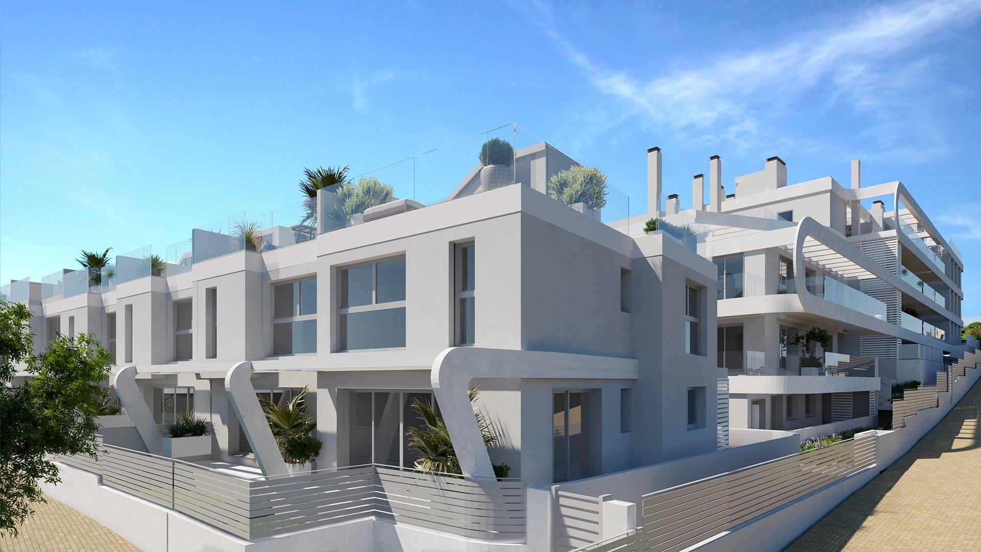 Street-level view of new-build villa development in Zona Calvario, Estepona