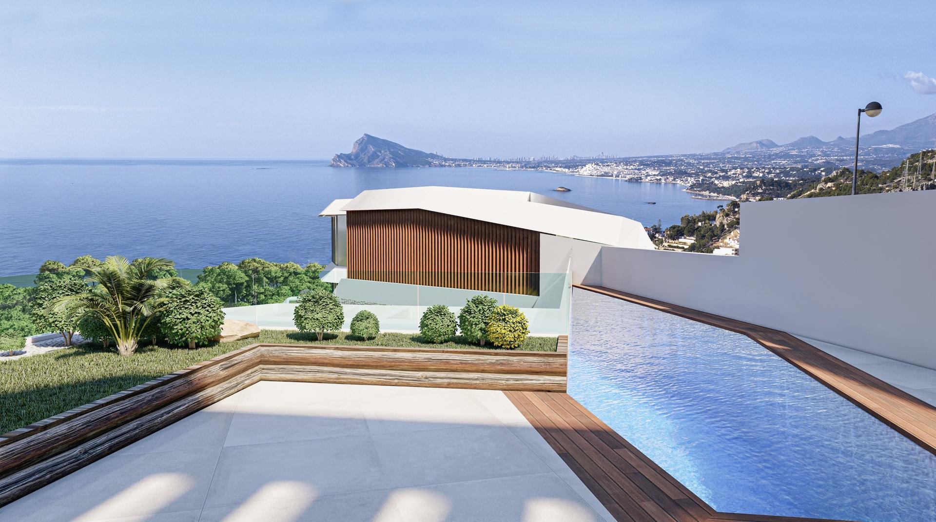 Open-plan living area with large windows in 4-bedroom villa, Puerto, Calpe