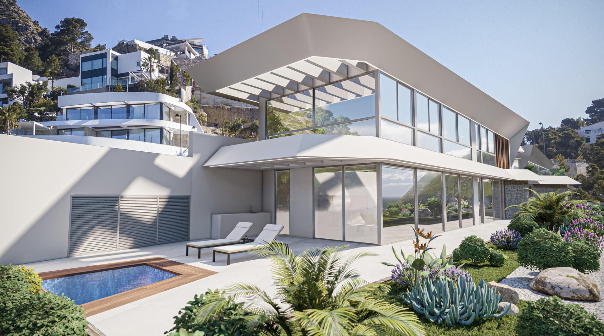 Lounge with glazed sliding doors opening to terrace in new-build villa, Puerto, Calpe