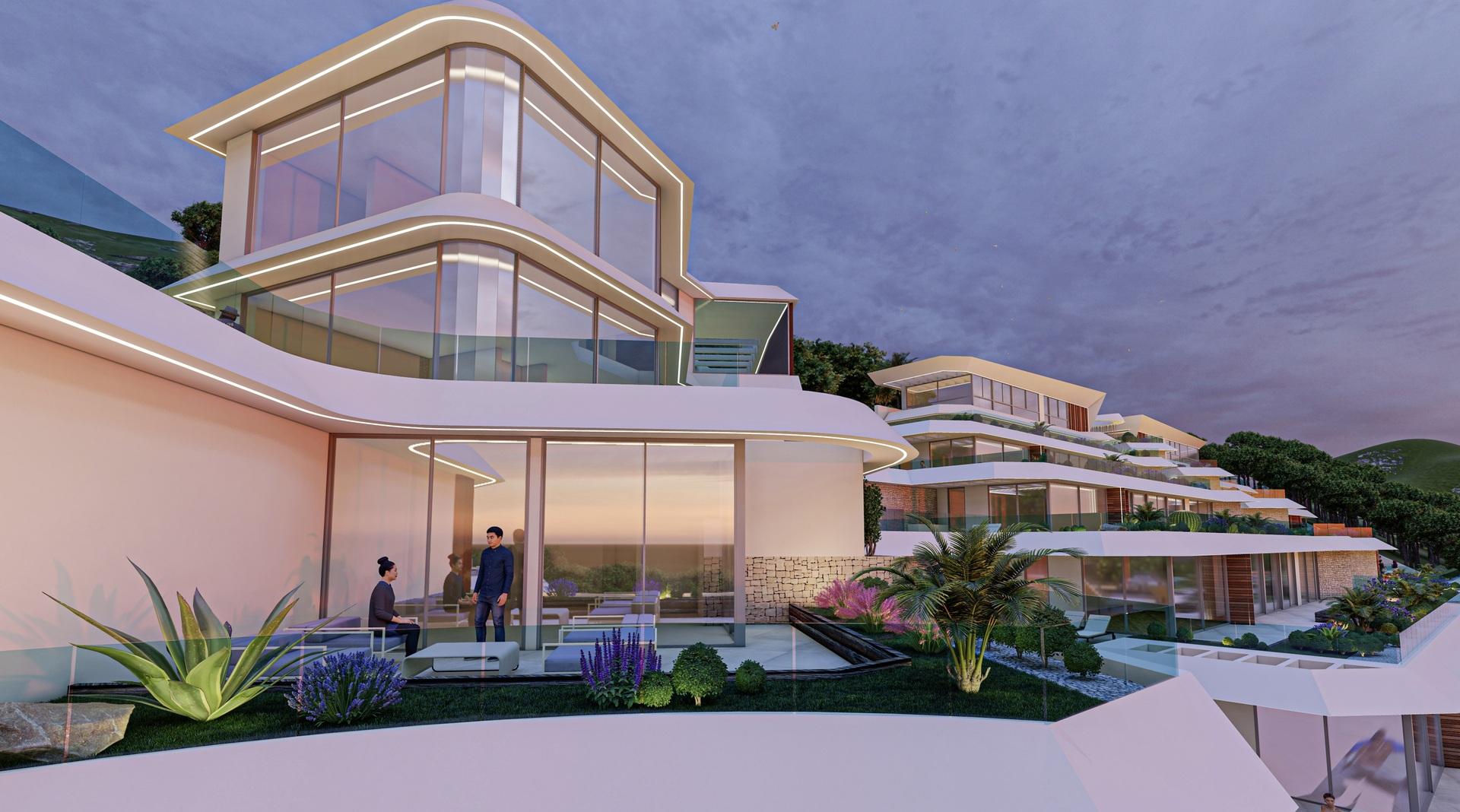 Night-time exterior lighting on new-build villa, Puerto, Calpe