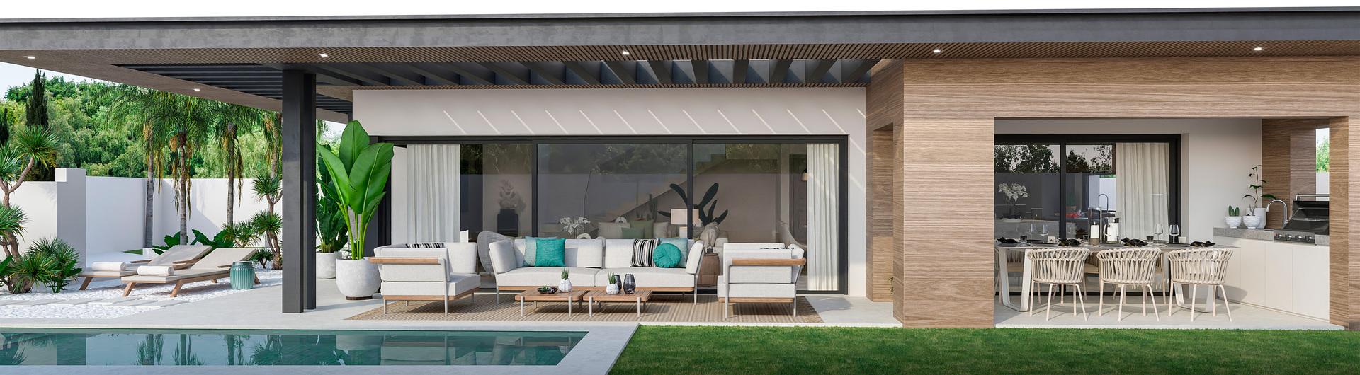 Outdoor terrace level with paved finish in new-build villa, Riviera del Sol