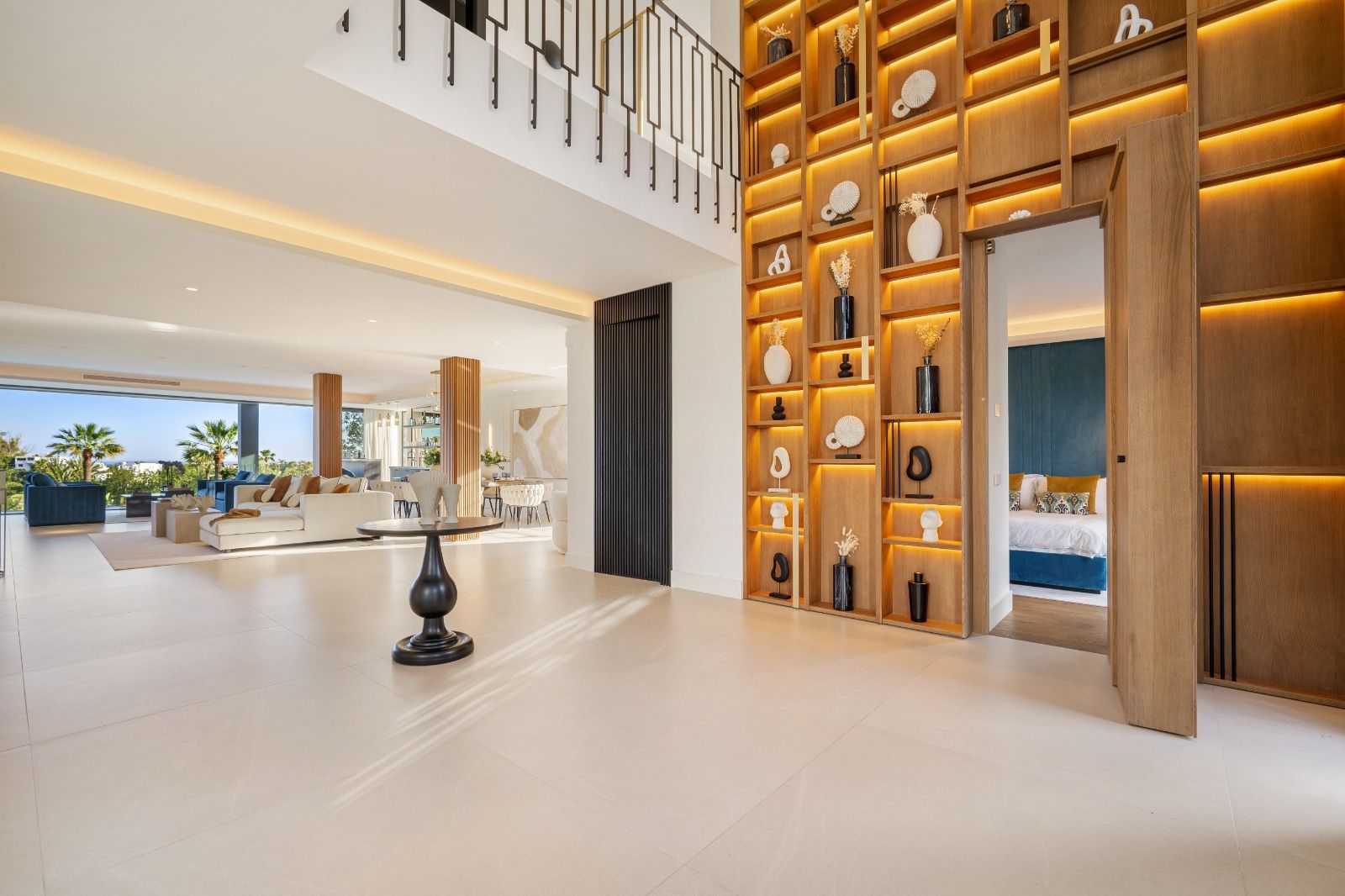 Private pool viewed from upper terrace in new-build villa, Las Brisas, Marbella