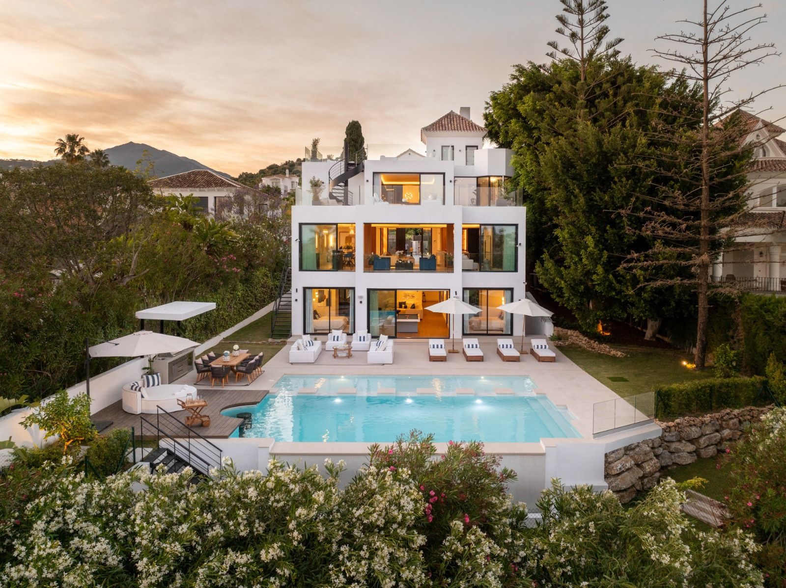 Outdoor shower and poolside area in new-build villa, Las Brisas, Marbella