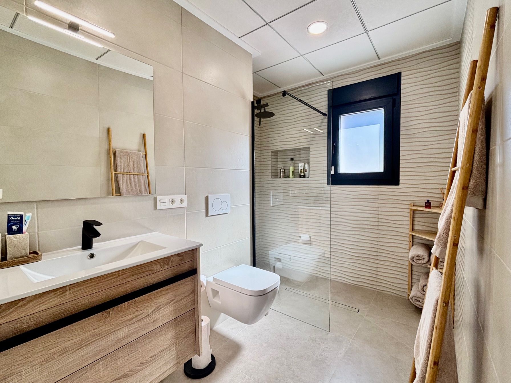 Bedroom interior showing floor finish in new-build villa in Rafal, Alicante