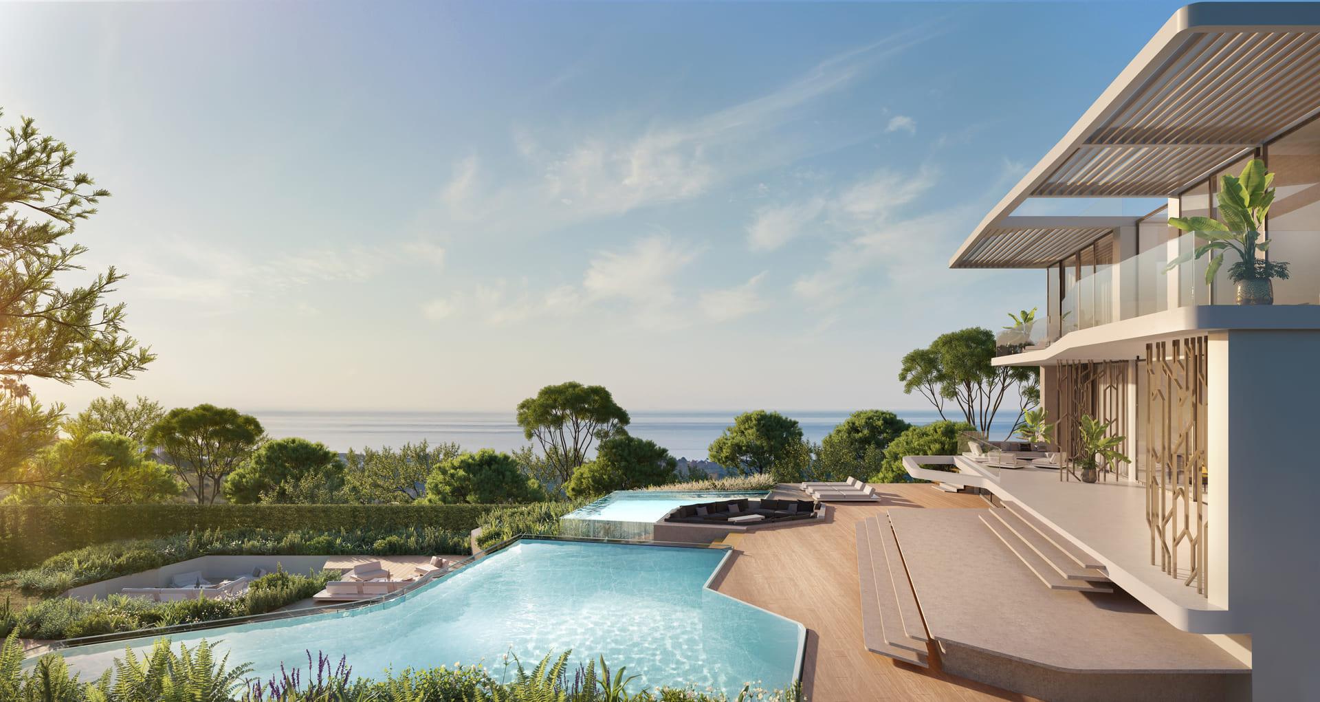 Covered terrace with open views in new-build villa, El Paraíso, Benahavis