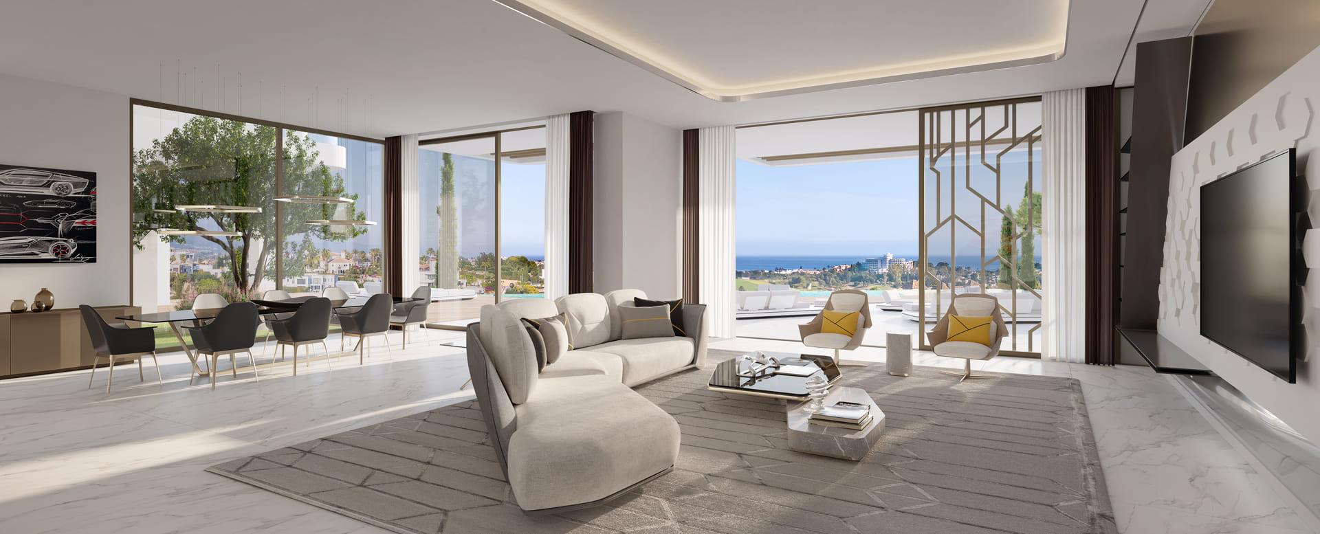 Night-time exterior of new-build villa with external lighting, El Paraíso, Benahavis