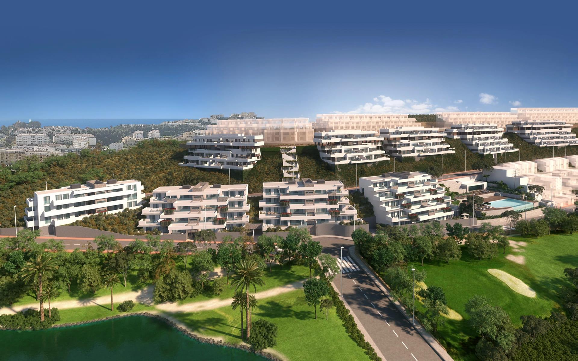 Communal pool and surrounding terrace area of new-build development, La Cala de Mijas