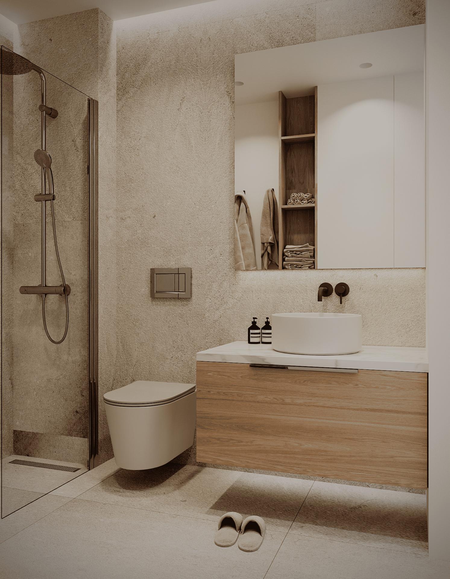 Bathroom with shower tray, glass screen and mirror in 1-bedroom new-build apartment, Zona Pueblo