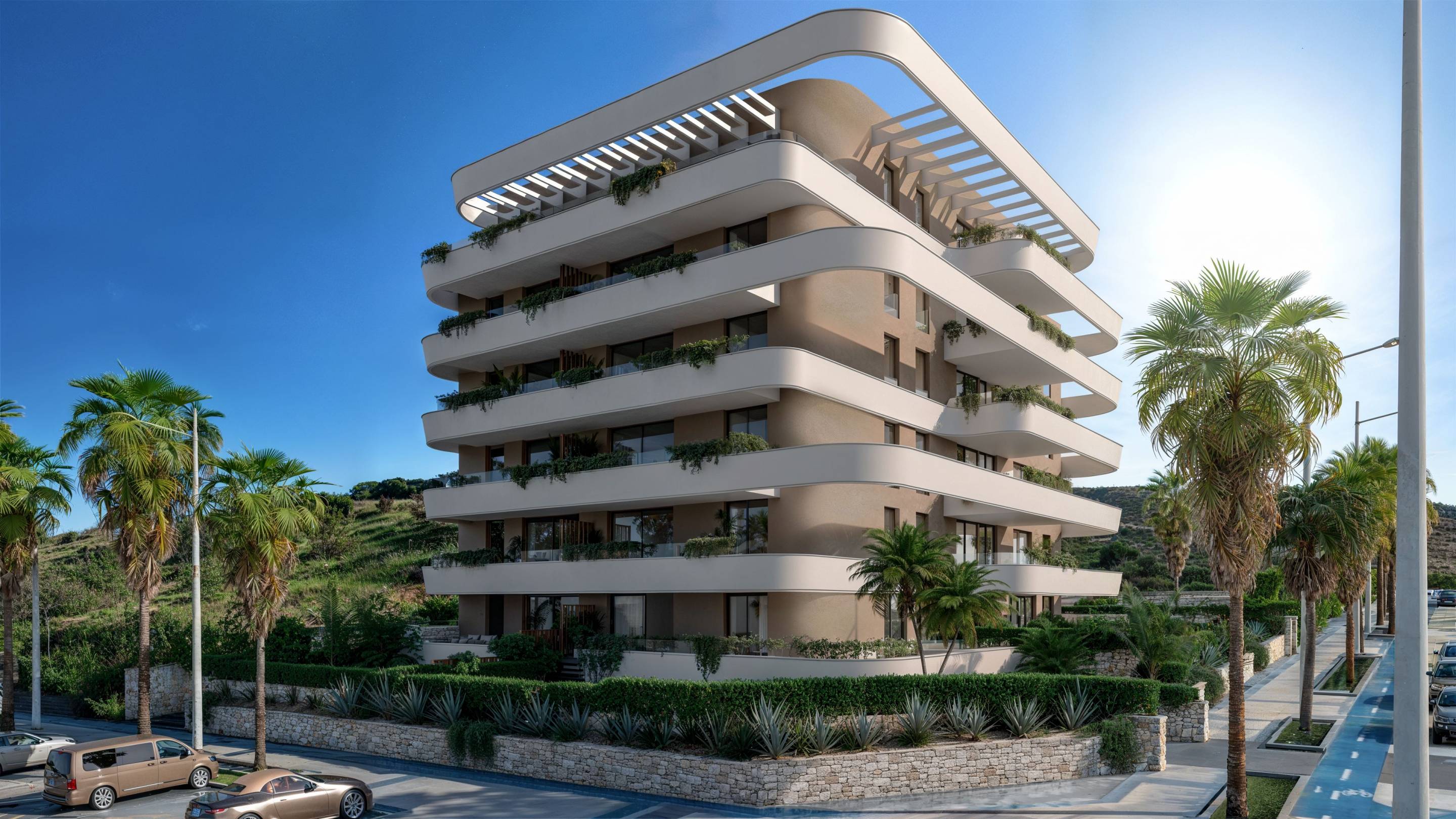 Terrace view towards residential rooftops, penthouse, Parque Central, Estepona