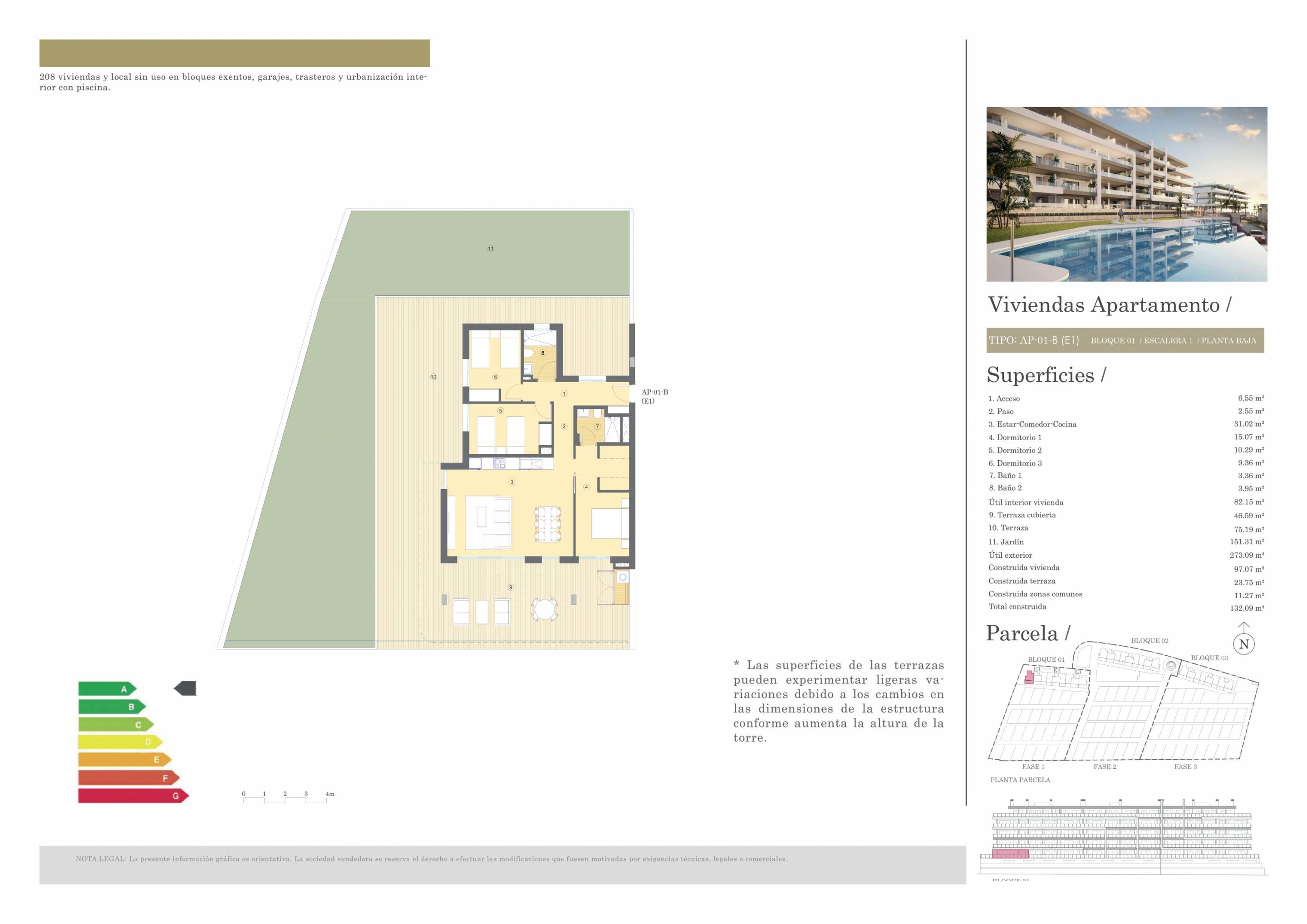Floor plan of 3-bedroom ground-floor apartment, Bonalba-Cotoveta, Mutxamel