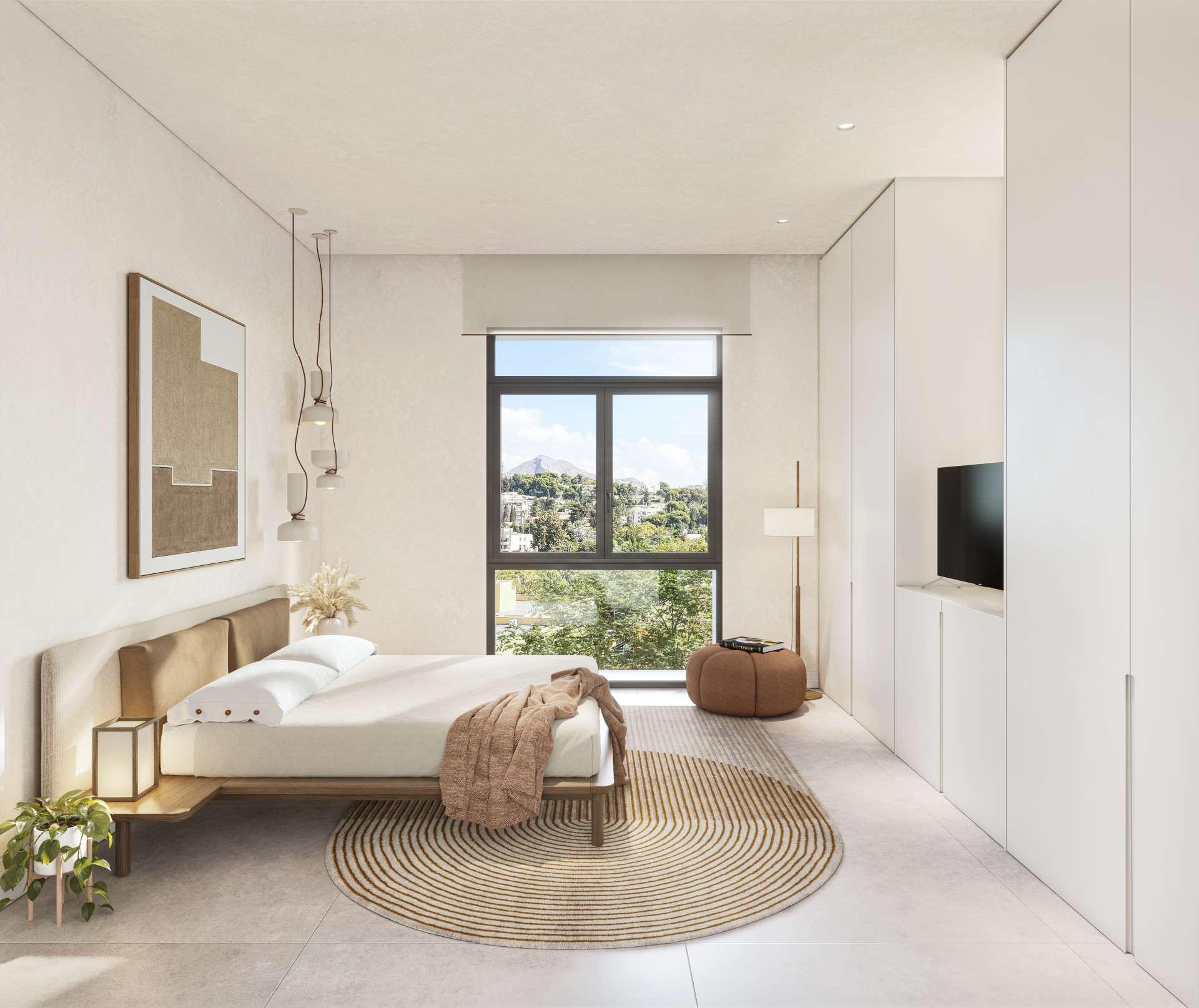 Open-plan living area with large windows in 3-bedroom ground-floor apartment, Malagueta-Monte Sancha