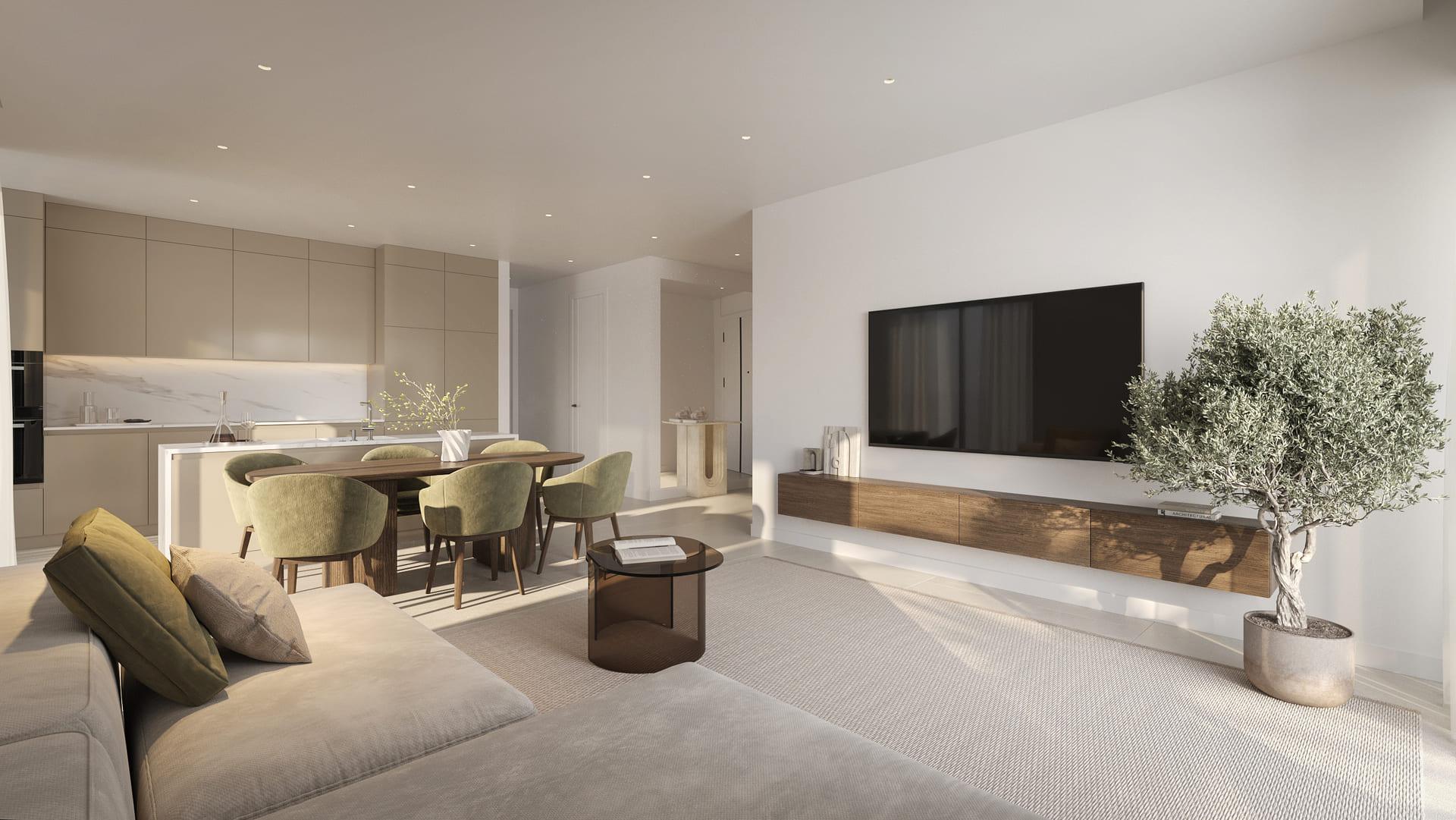 Open-plan living and dining room, ground-floor apartment, Azata Golf Estepona Oeste
