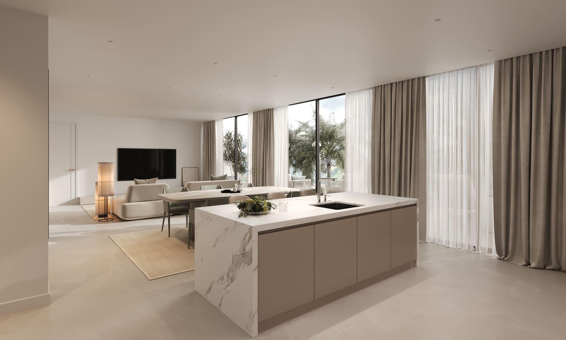 Pool area with sunbathing space, residential complex, Azata Golf Estepona Oeste
