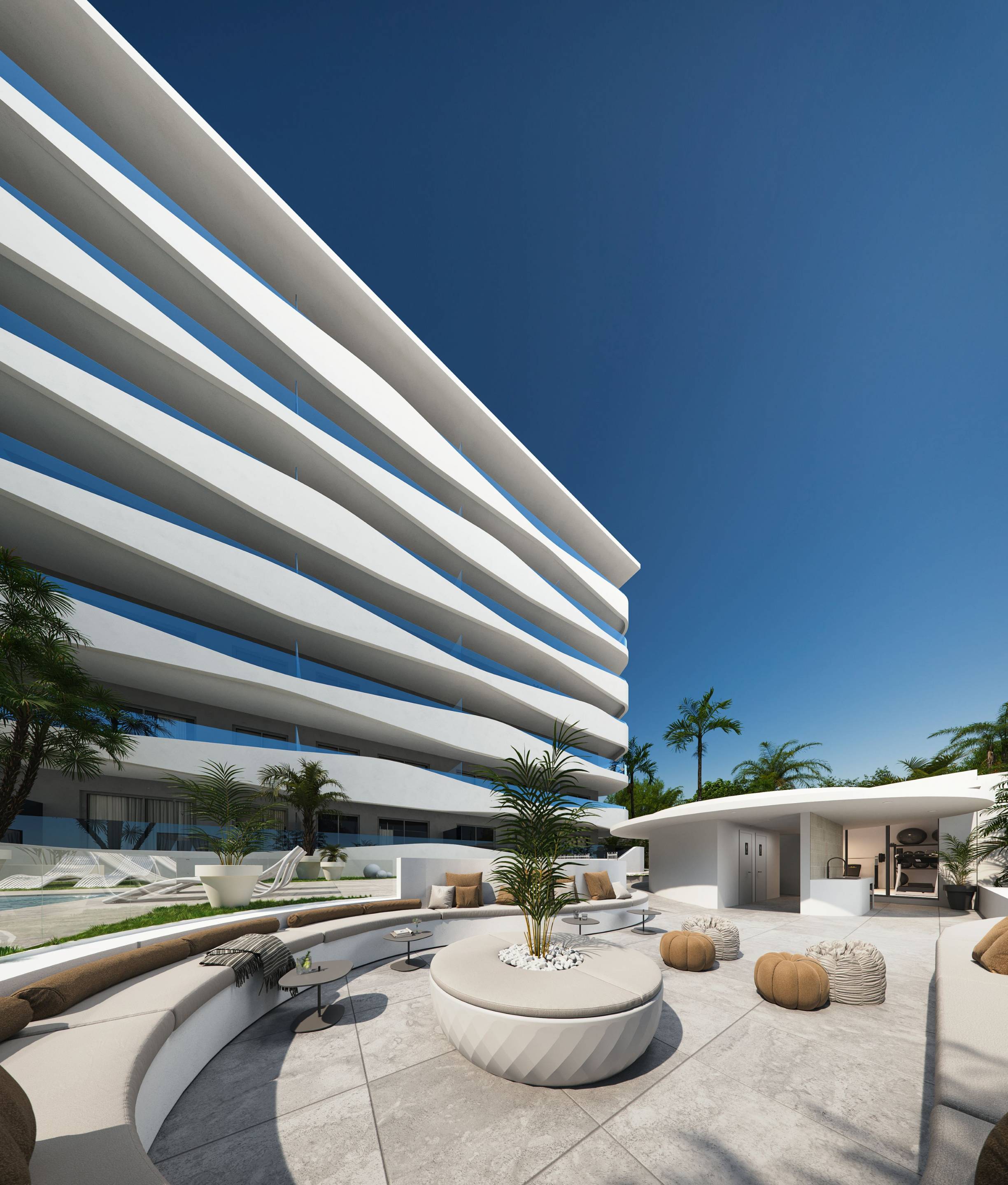 Building exterior and entrance of new-build development, La Calerita, Fuengirola