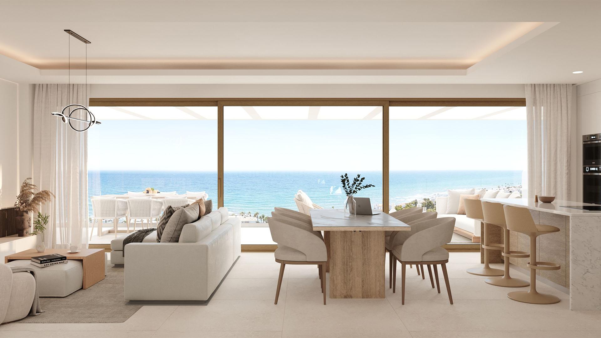 Living room interior with porcelain tile flooring, new-build apartment, Miraflores, Mijas