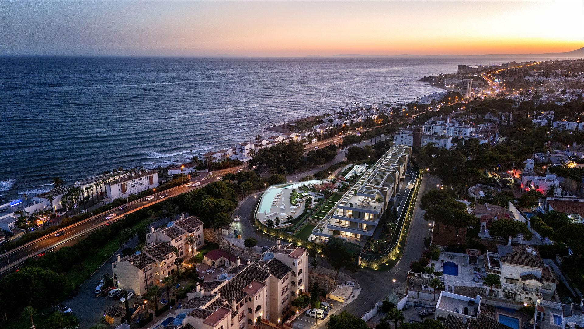 Communal solarium area within residential complex, Miraflores, Mijas