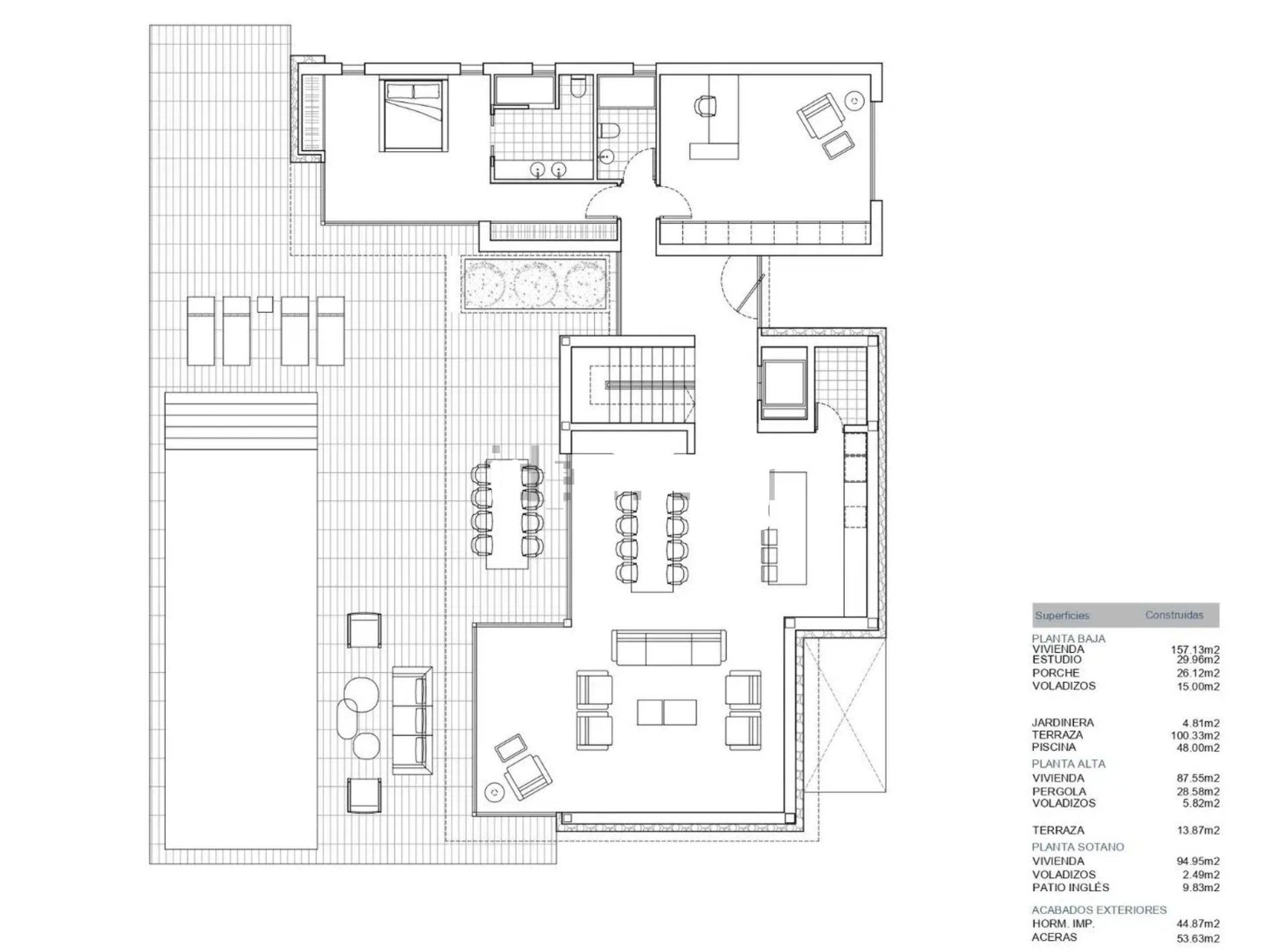 Architectural elevation drawing of single-storey new-build villa in Benimeit-Tabaira, Moraira