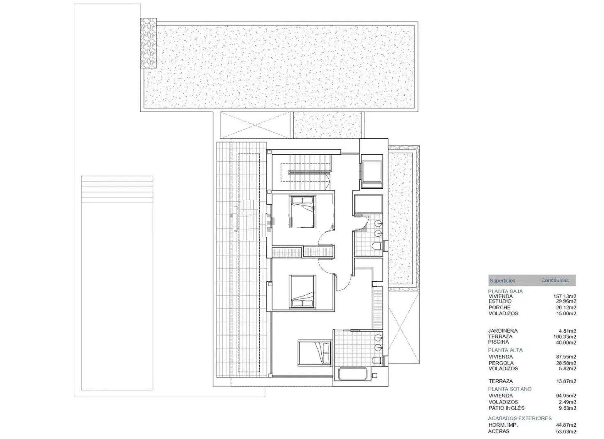 Detailed 395 m2 floor plan of new-build villa in Benimeit-Tabaira, Moraira