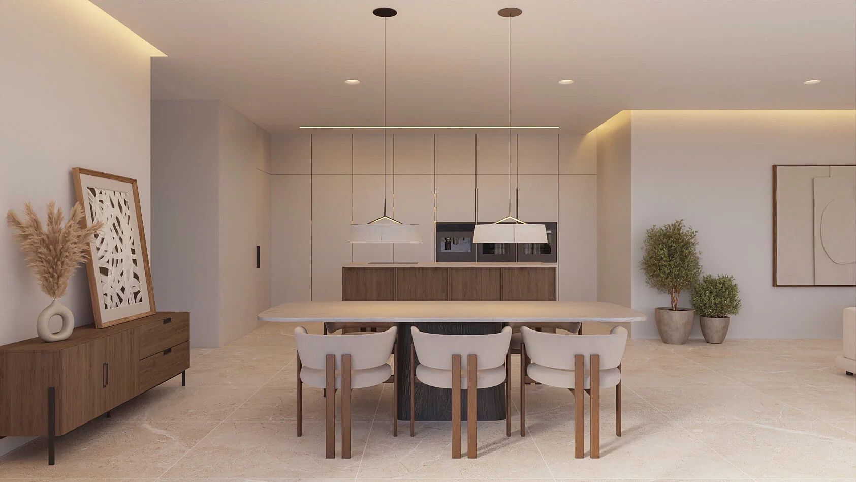 Open-plan living and dining area in single-storey new-build villa, Benimeit-Tabaira, Moraira