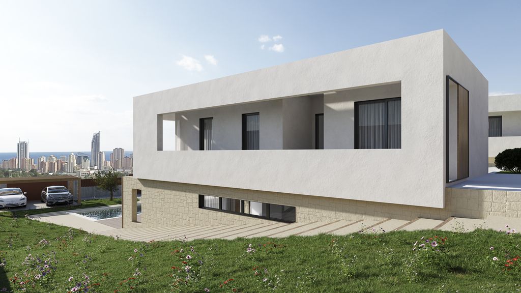Garden landscaped with white gravel and cactus planting, Camporrosso Village villa, Finestrat