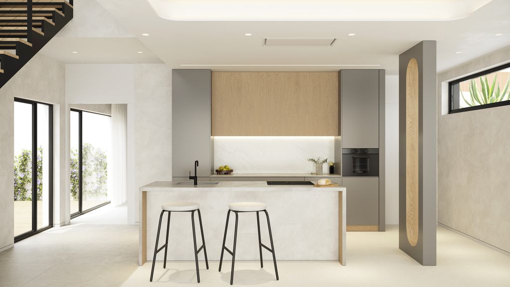 Open-plan kitchen and living area in 3-bedroom new-build villa, Camporrosso Village, Finestrat