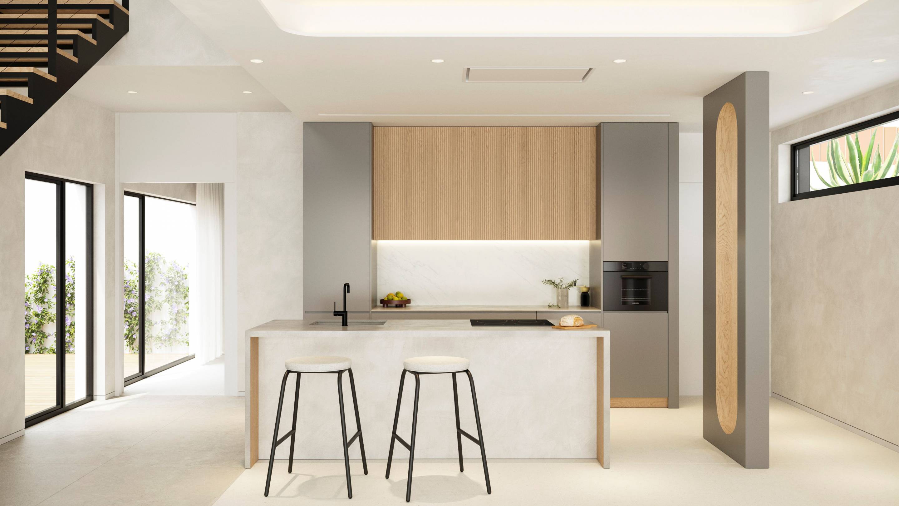 New-build villa exterior at dusk with lighting, Camporrosso Village, Finestrat