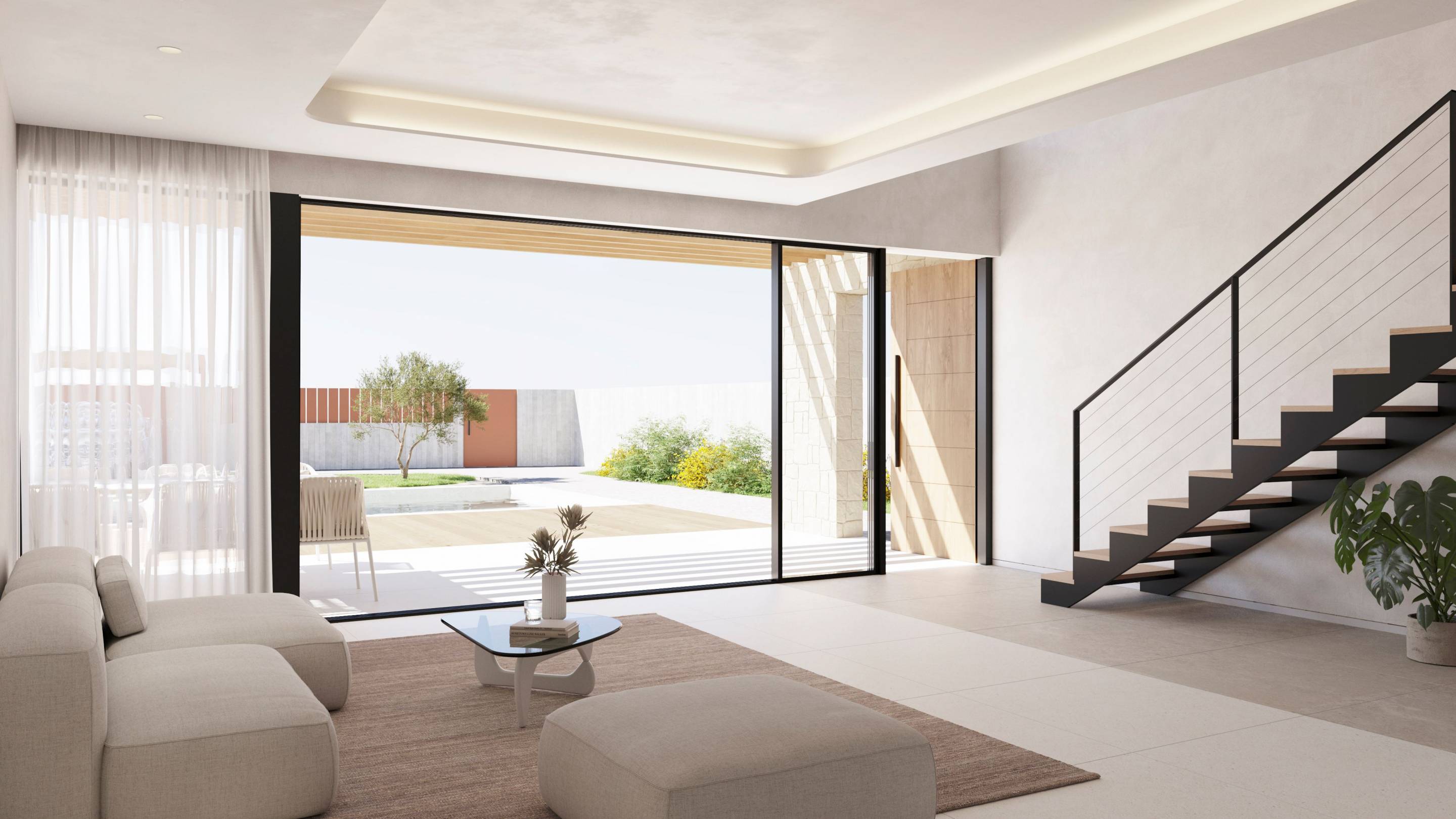 Warm-toned textured render on interior wall of new-build villa, Camporrosso Village