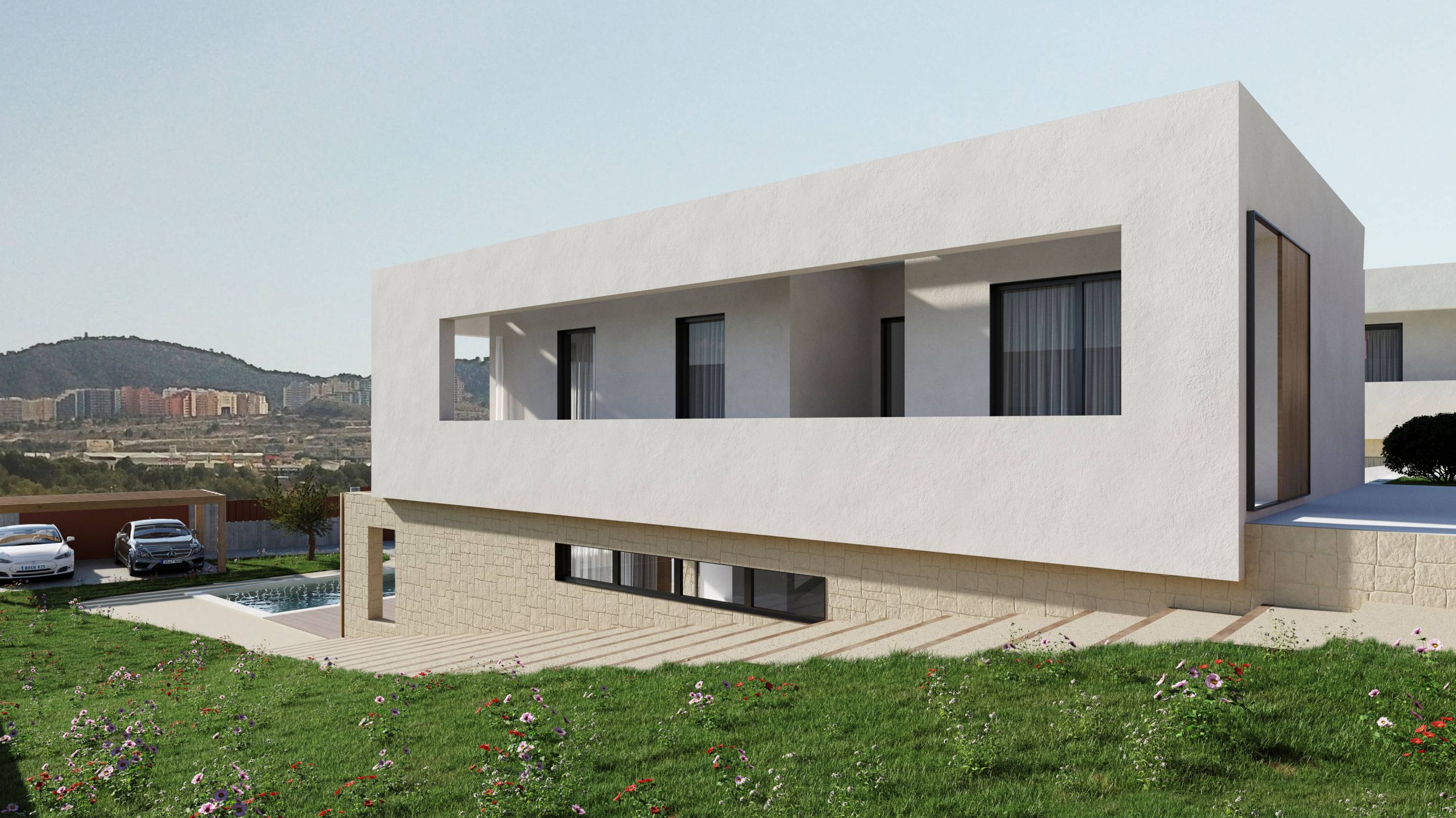 Street-level exterior of new-build villa, Camporrosso Village, Finestrat