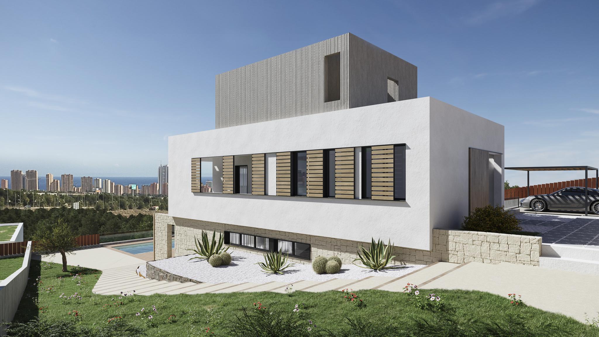 Living room with natural limestone feature wall in 3-bedroom villa, Camporrosso Village, Finestrat