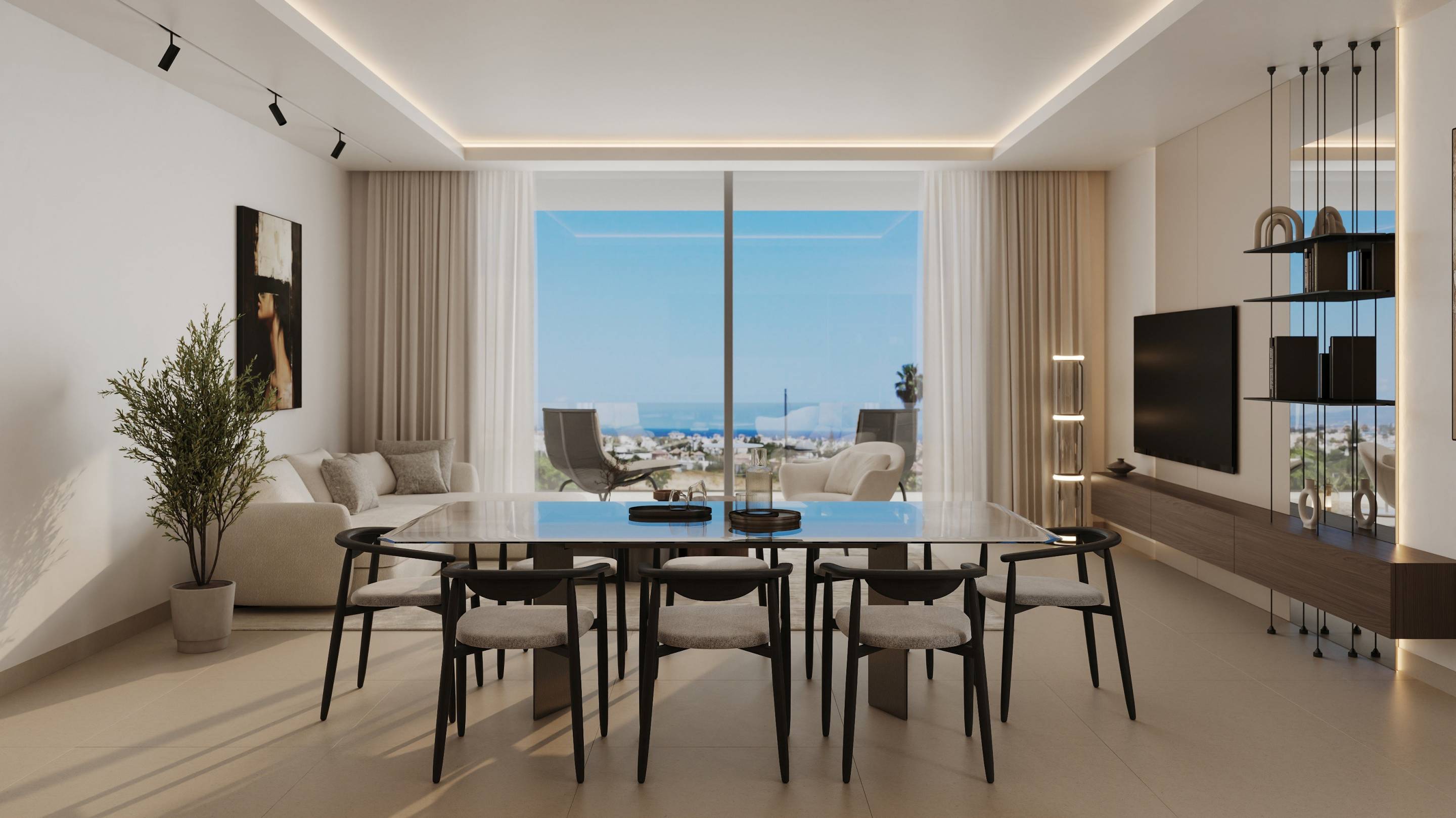 Living area with porcelain tile flooring in 2-bedroom new-build bungalow, San Pedro, Marbella