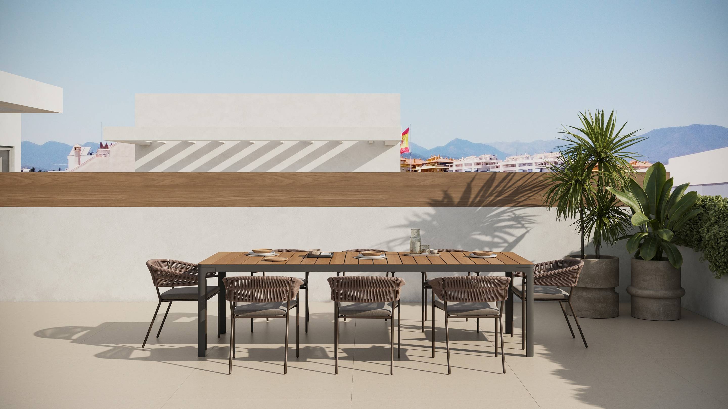 Exterior of new-build bungalow development at dusk, San Pedro, Marbella