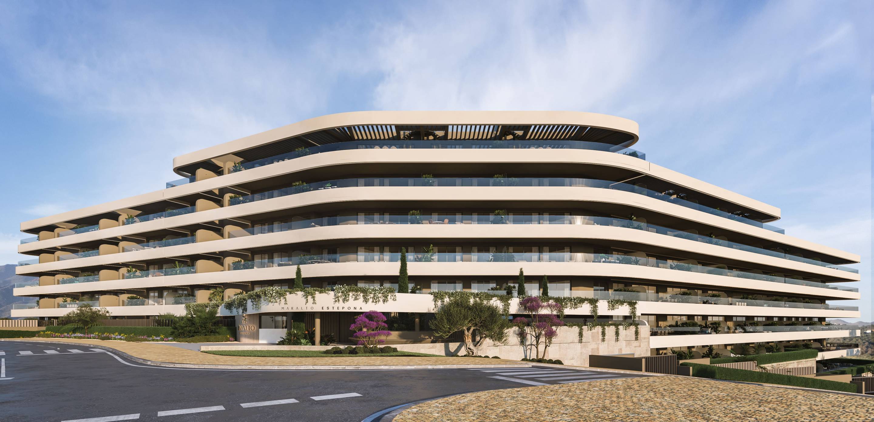 CGI render showing interior layout of 2-bedroom new-build apartment, Las Mesas, Estepona