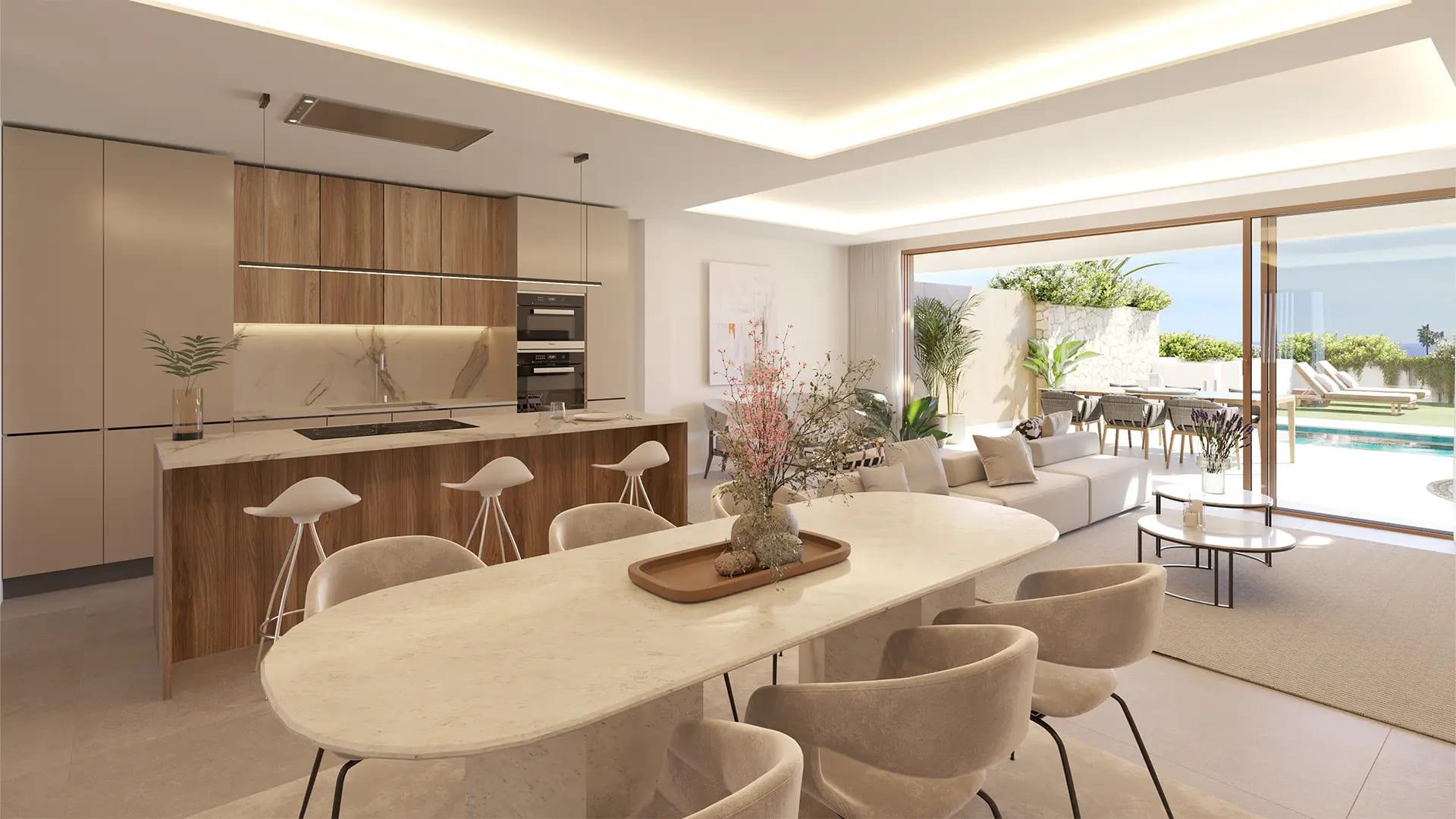 Communal solarium and landscaped gardens in new-build development, Calaburra, Mijas
