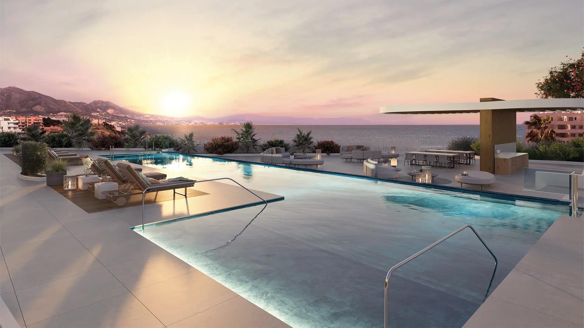 Building exterior and entrance of new-build complex in Calaburra, Mijas