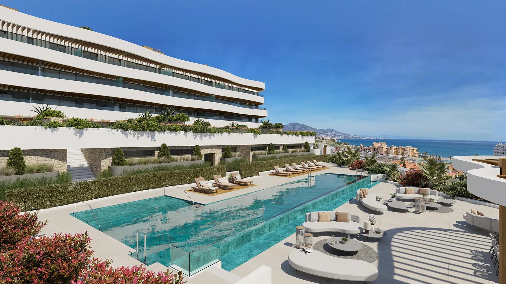 Communal pool area in residential complex, Calaburra, Mijas