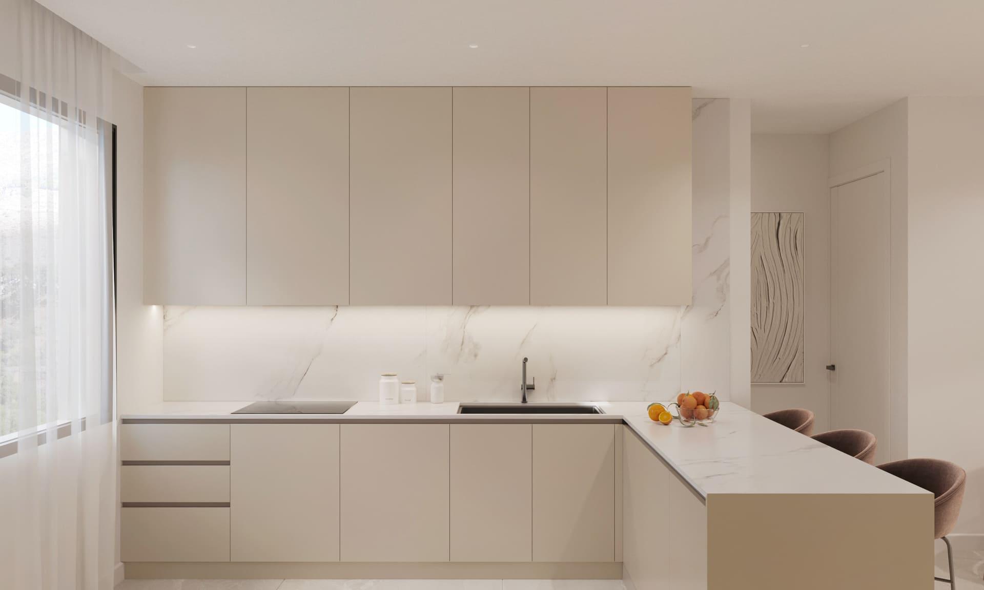 Kitchen breakfast bar area in new-build apartment, Azata Golf Estepona Oeste