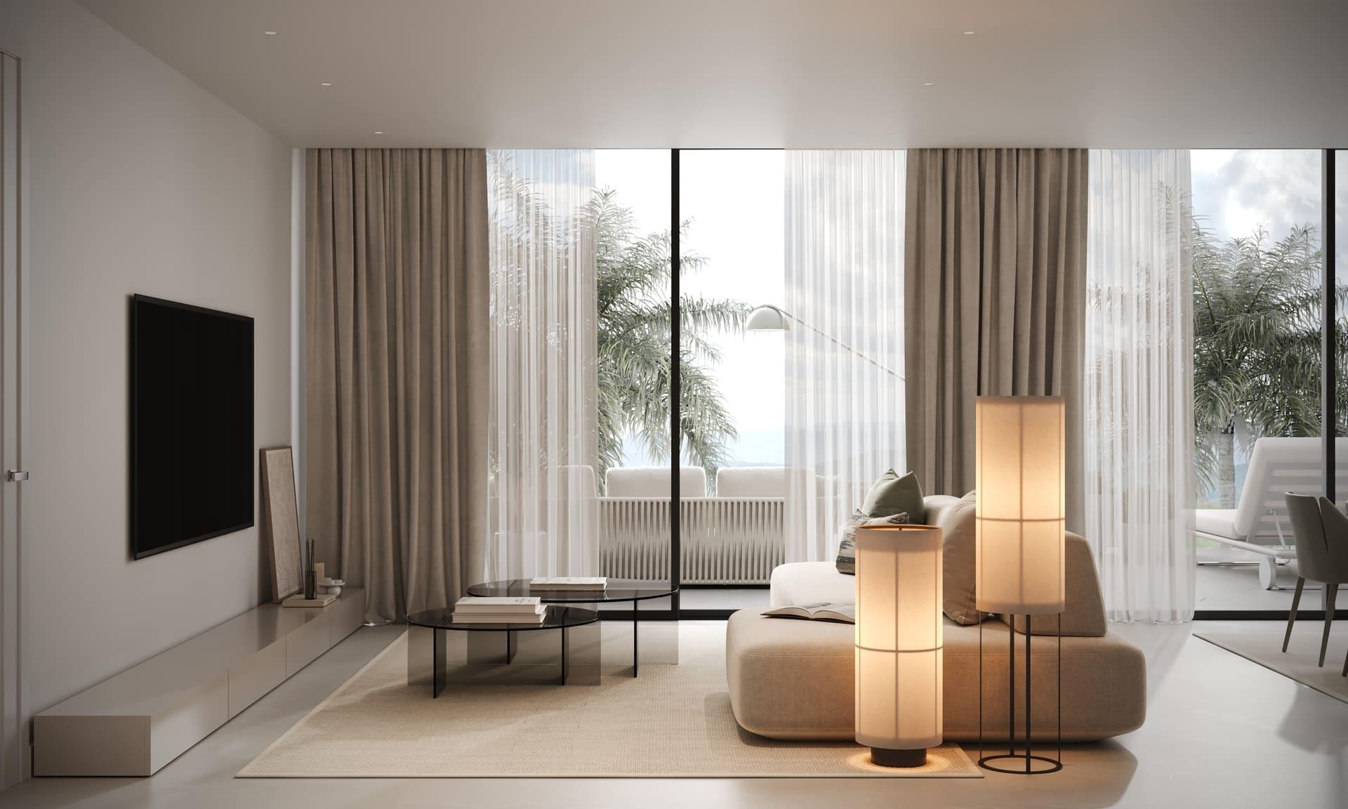 Open-plan living room interior, new-build apartment, Azata Golf Estepona Oeste