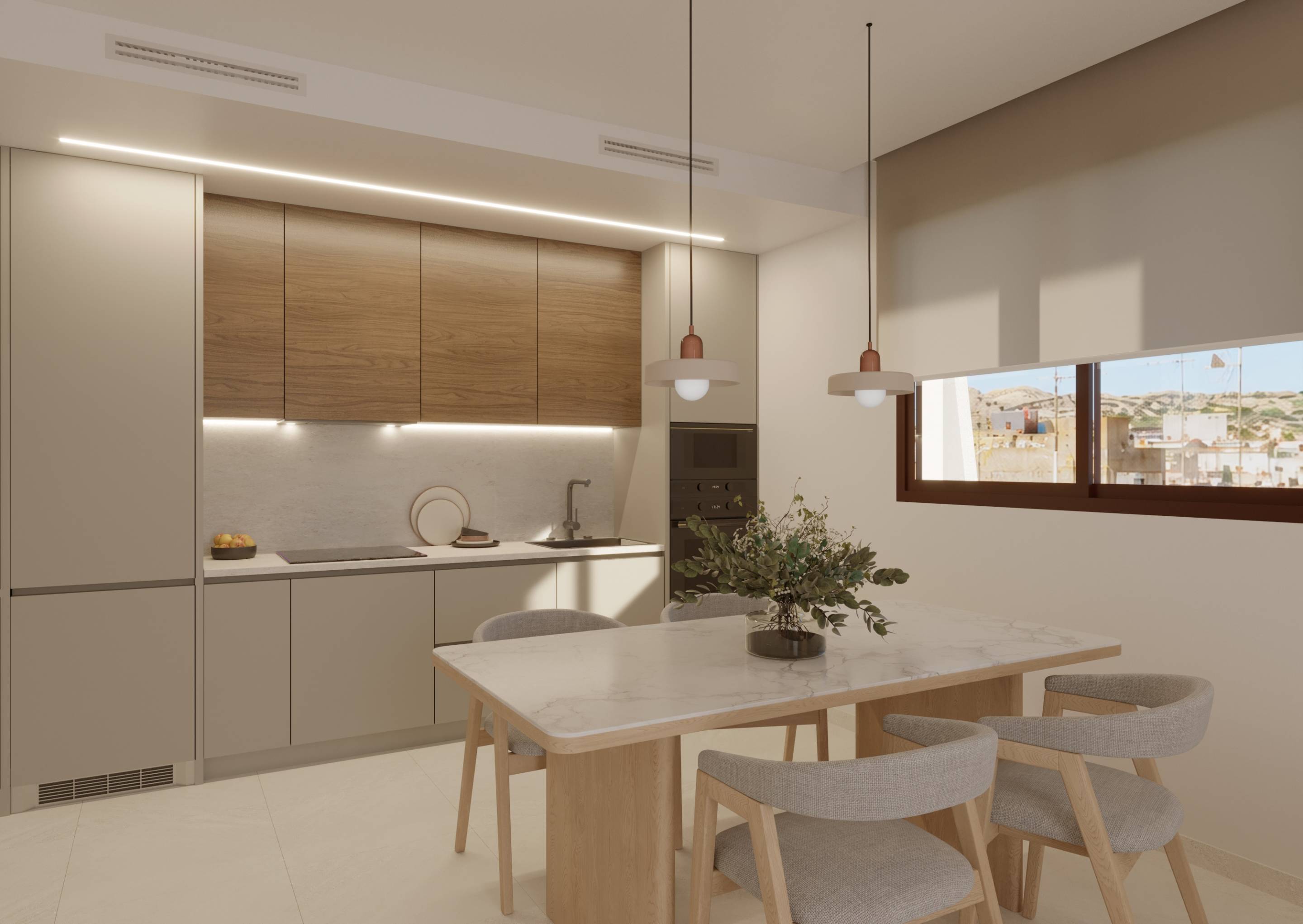 Porcelain tile flooring detail in living area of ground-floor new-build apartment, Eroski