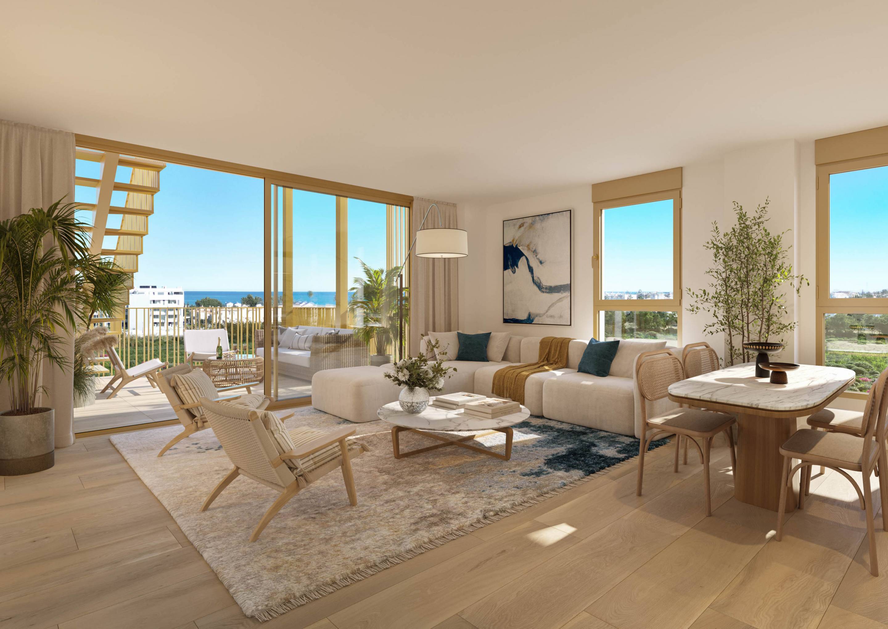 Open-plan living and dining area in 3-bedroom penthouse, Playa Setla Mirarrosa