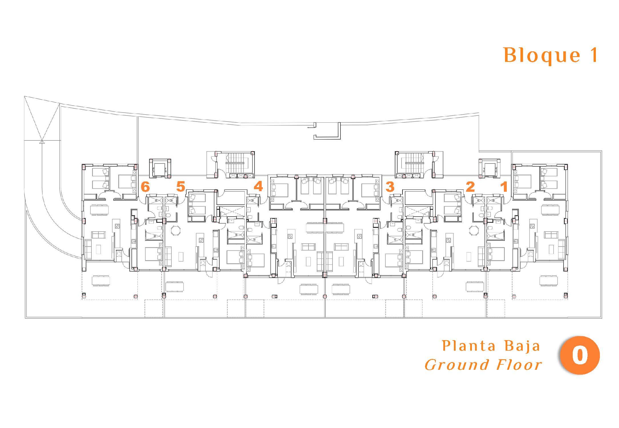 Site plan showing three communal pools and garden levels, Pueblo 9 development