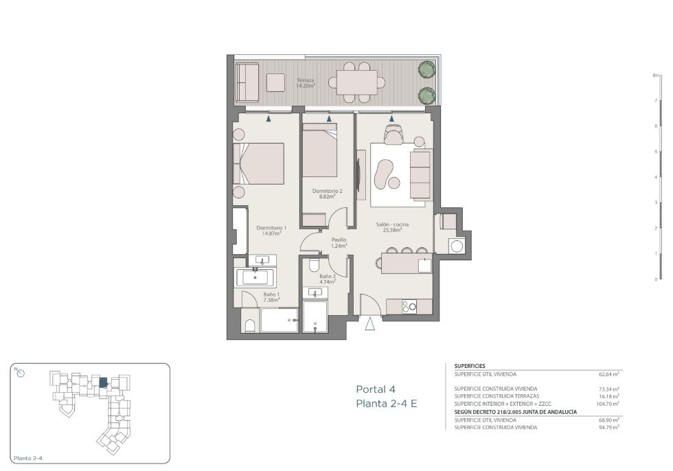 Floor plan of 2-bedroom 102m2 apartment on 2nd floor, Los Pacos development, Fuengirola