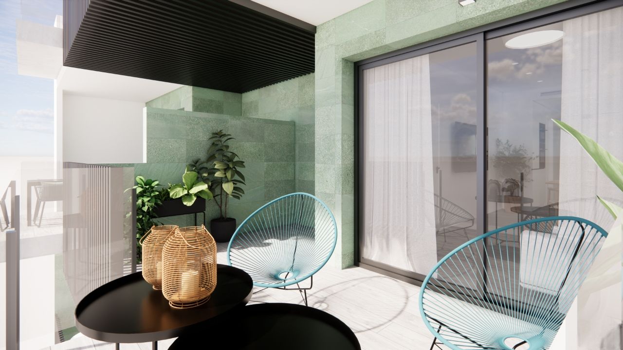 Communal gardens and landscaped zone at new-build development, El Mojón