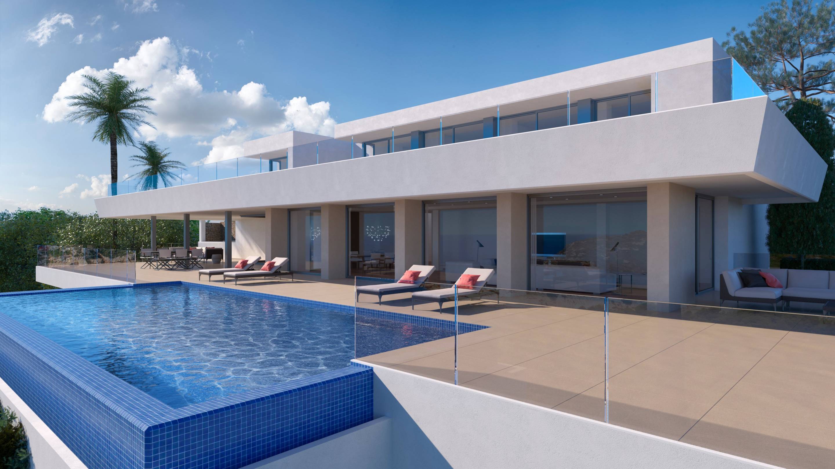 Open living area with full-height glazed openings in 6-bedroom new-build villa, Benitachell